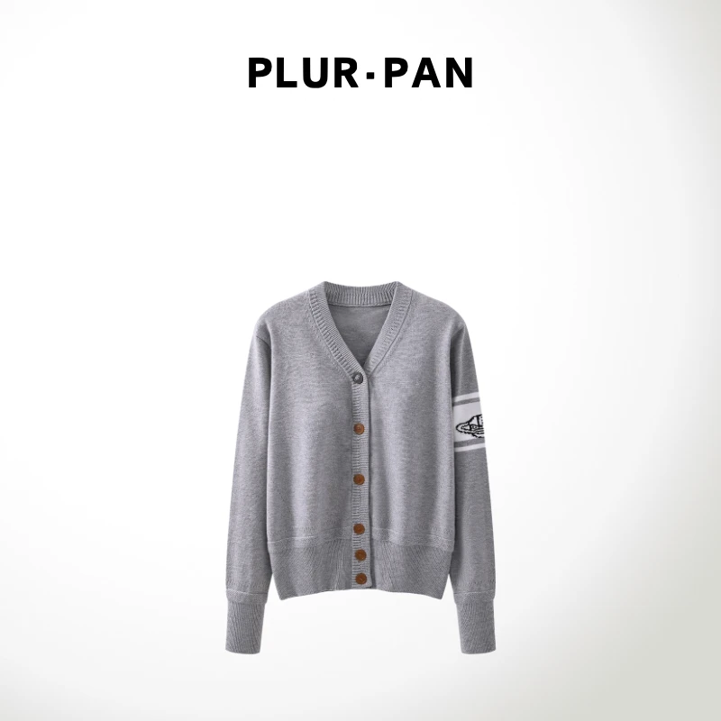PLUR·PAN袖子拼色V领单排扣针织开衫