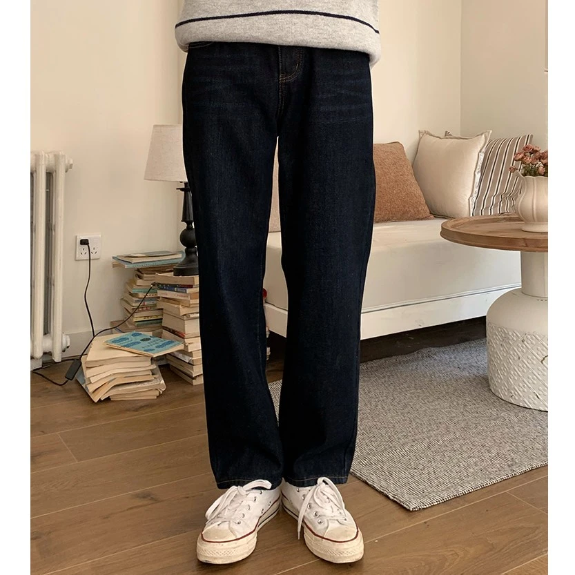 JH HOMME冬季深蓝色直筒复古修身加绒加厚水洗纯色小脚牛仔裤男