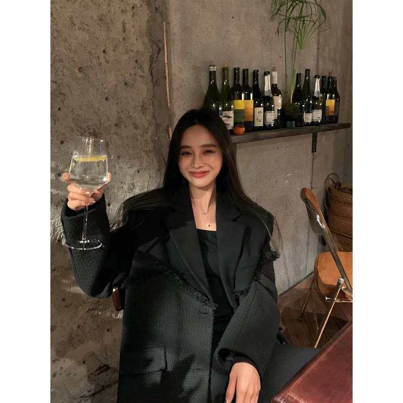 辰米范 拼接小香风毛呢西装外套女秋冬气质复古宽松显瘦夹棉大衣