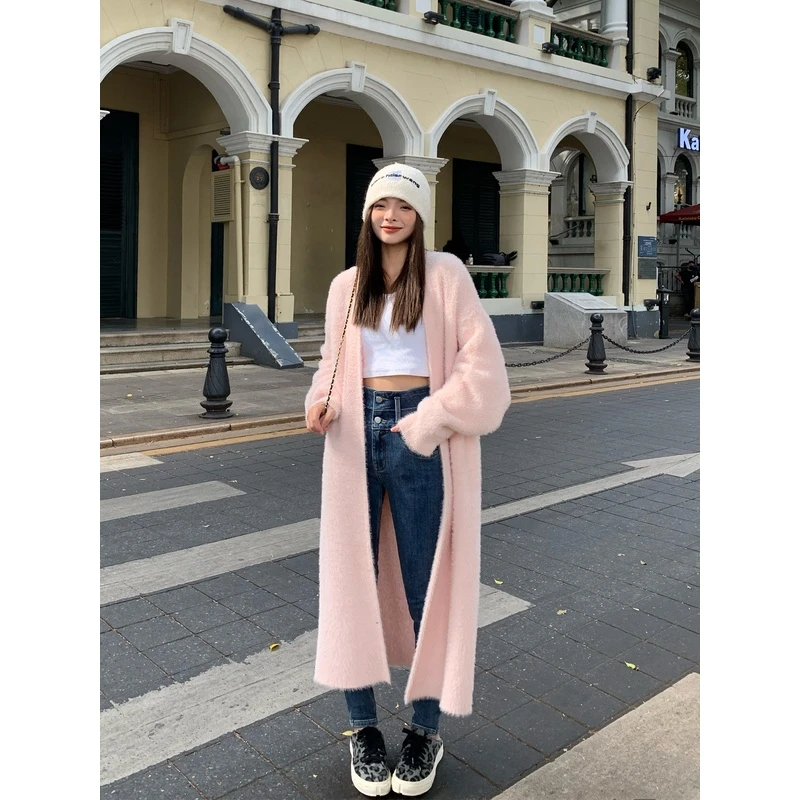 辰米范 仿水貂绒针织开衫大衣女2023新款慵懒风宽松长款毛衣外套