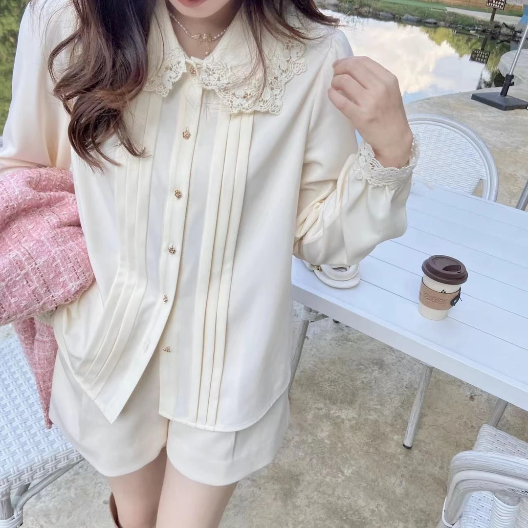 yaya【嘉伯丽甜心】法式翻领少女减龄白衬衫设计感长袖上衣