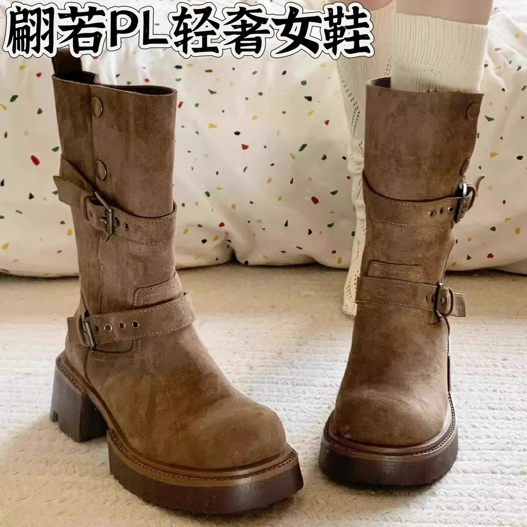 西部牛仔靴厚底中筒骑士靴女2024新款秋冬靴子美拉德小个子长筒靴