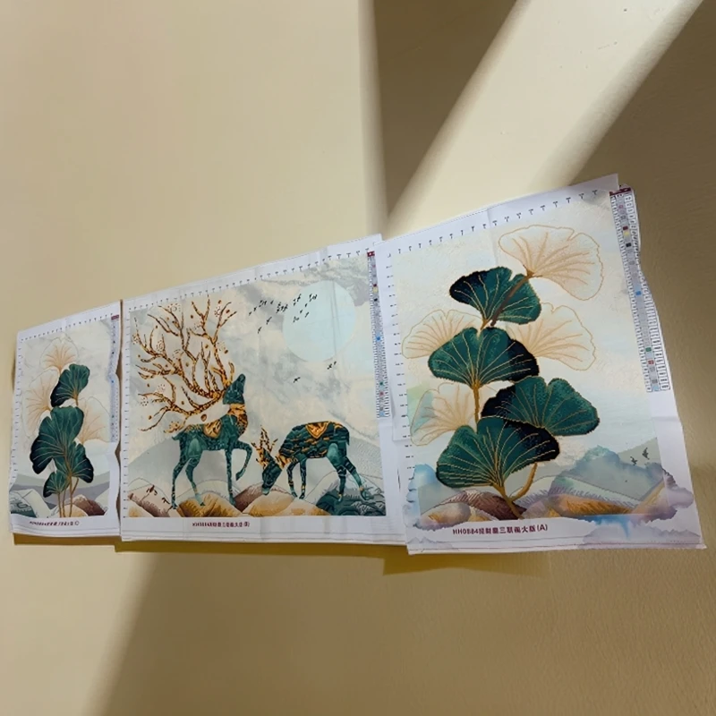 纯手工十字绣成品银杏叶发财鹿三联画满绣2.2米