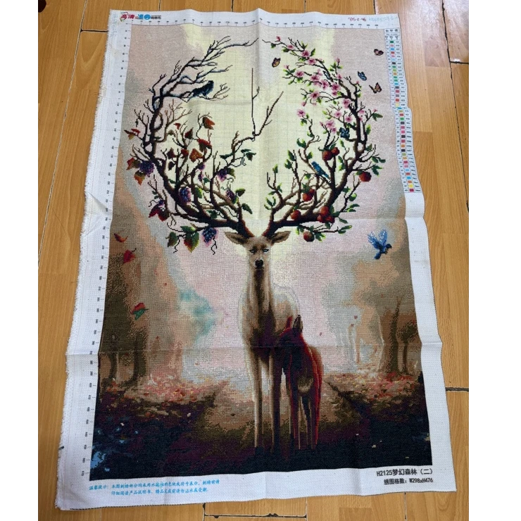 纯手工十字绣成品人工绣好的图麋鹿发财鹿1.1米竖版玄关图挂画