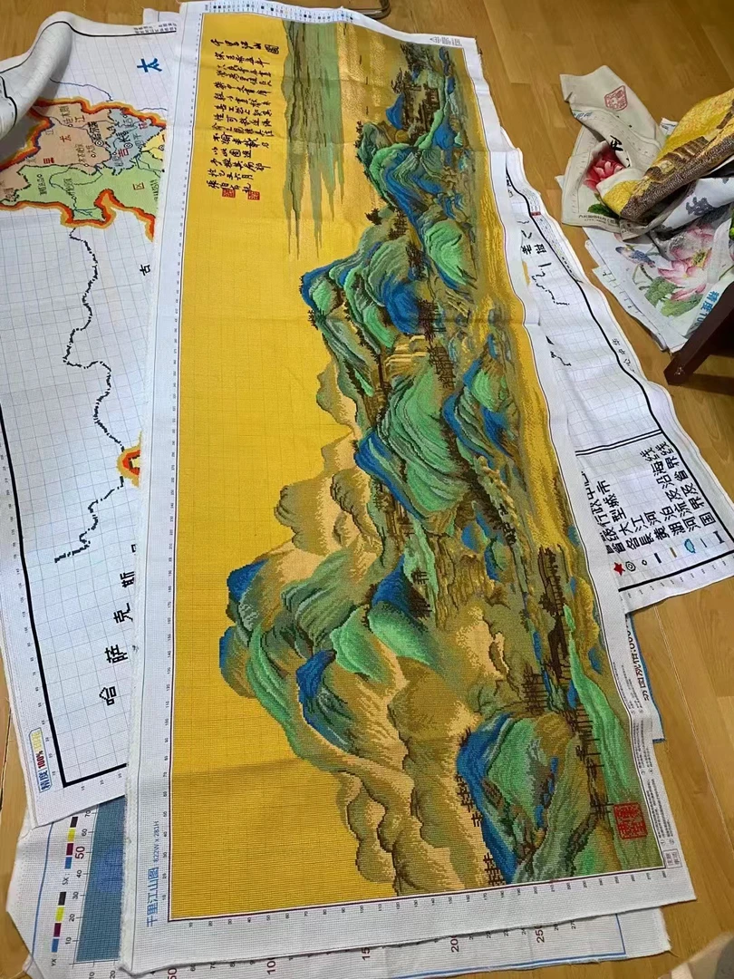 纯手工十字绣成品人工绣好的图千里江山1.8米客厅装饰挂画