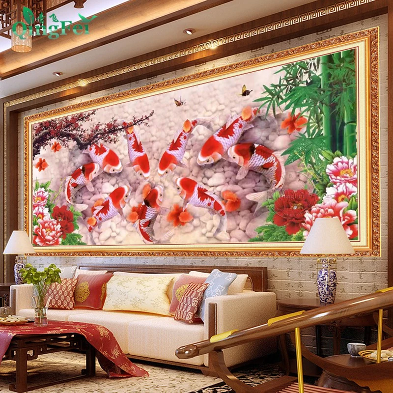 青飞精准连年有余红梅牡丹十字绣锦鲤鱼荷花图风景客厅装饰画E139