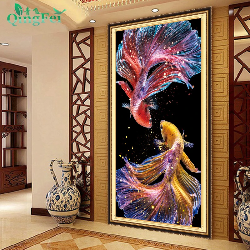 青飞新款锦鲤孔雀鱼十字绣竖版玄关客厅鲤鱼招财锦鲤钻画柬埔寨