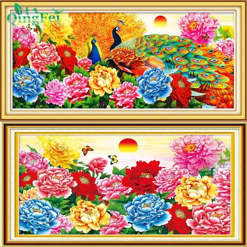 青飞精准印布十字绣花团锦簇富贵孔雀牡丹花开旭日东升装饰E6E27