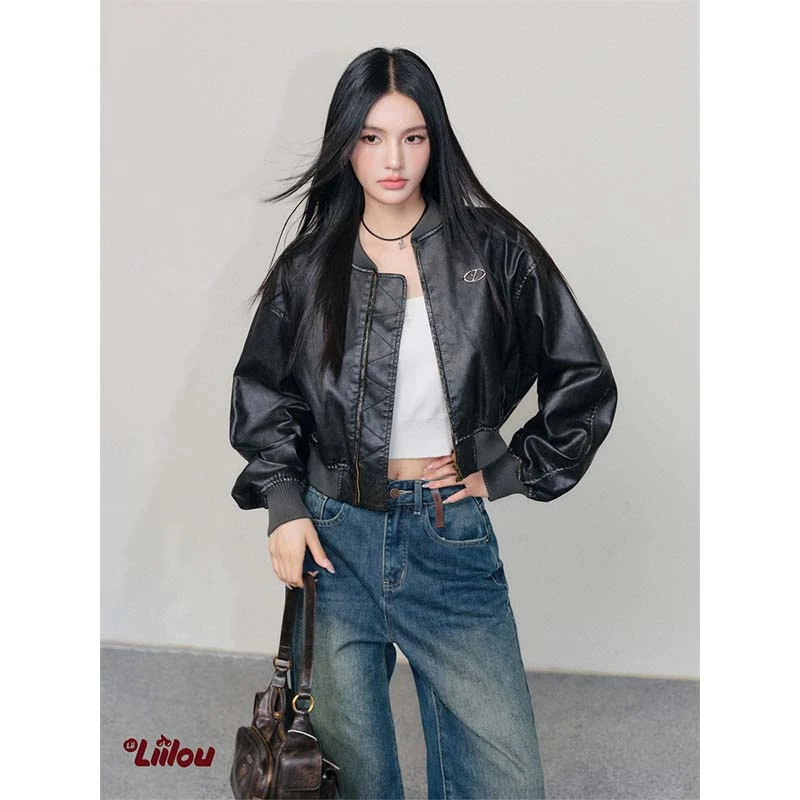 Liilou 擦色工艺 环保皮革 做旧短款机车夹克皮衣外套