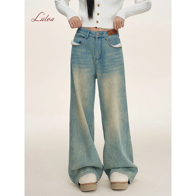 Liilou  绒化入冬 满印皮标 拼接宽松阔腿牛仔裤