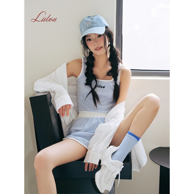 Liilou 原创字母印花破洞撞色休闲宽松运动圆领无袖背心短裤套装
