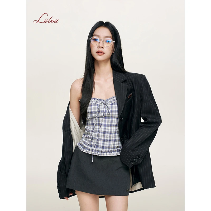 沈月同款 Liilou  层次格纹 木耳花边蝴蝶结系带打揽修身抹胸