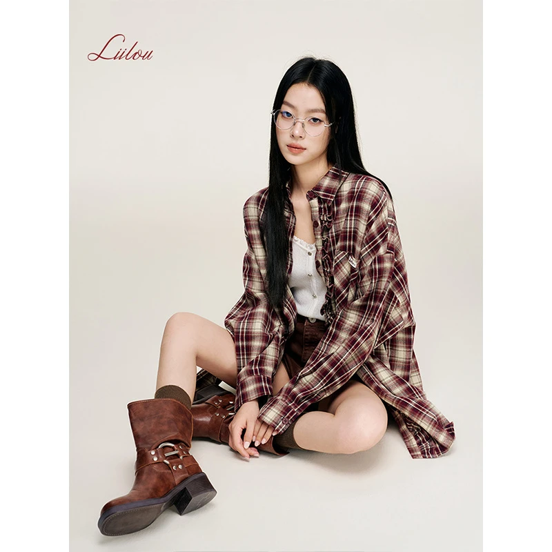 Liilou  Athflow 木耳花边 加厚磨毛格纹宽松长袖衬衫