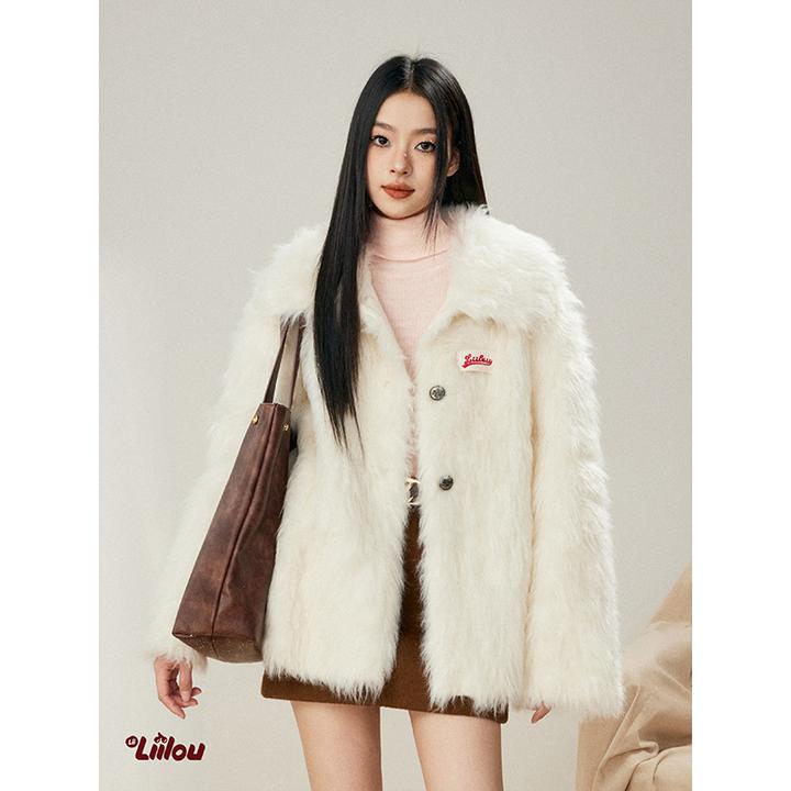 Liilou 原创设计羊羔外套秋冬厚外套百搭保暖宽松翻领毛绒外套女