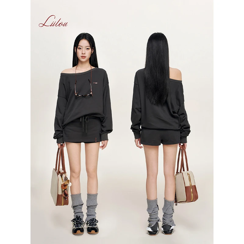 Liilou  Athflow 斜肩领 宽松套头休闲长袖卫衣短裙裤套装