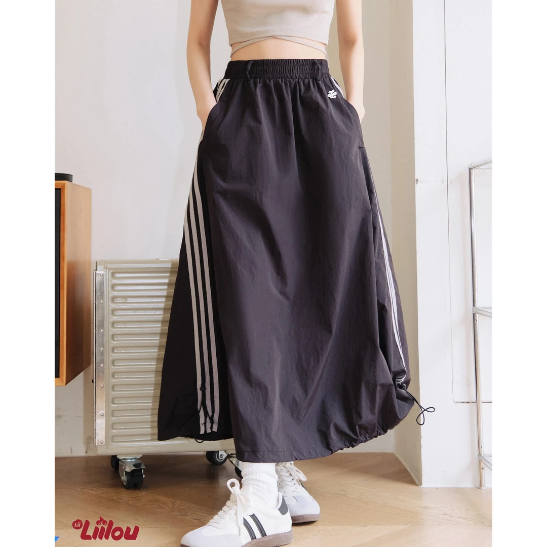 Liilou 原创复古vintage休闲运动抽绳下摆半身裙自然腰通勤伞裙夏