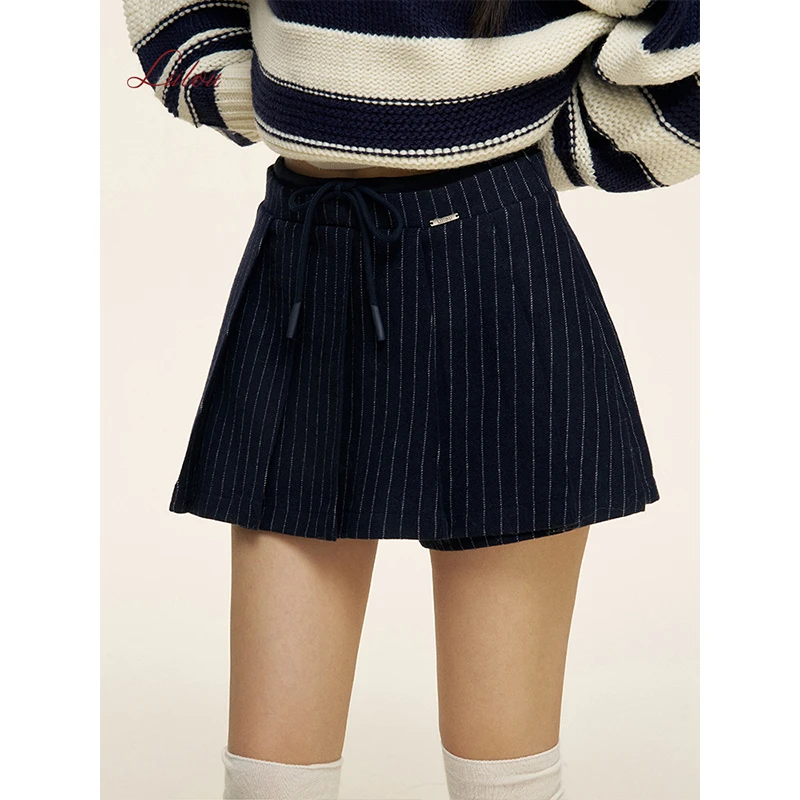 Liilou  clean fit 双腰头 竖条纹呢子百褶秋冬短半裙