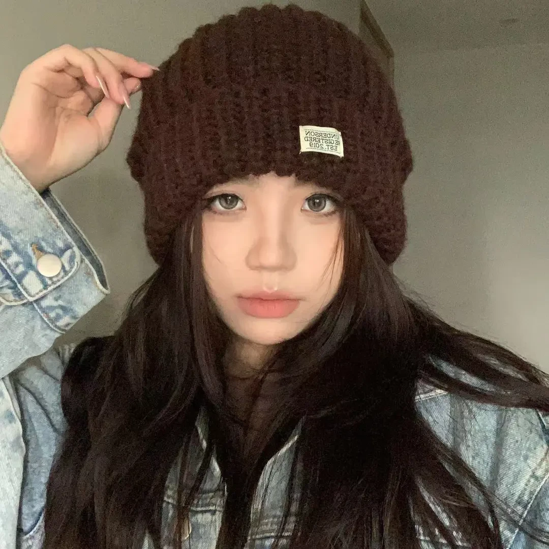 大头韩版软糯粗毛线网红纯色带标简约显脸小加绒保暖针织帽冬天