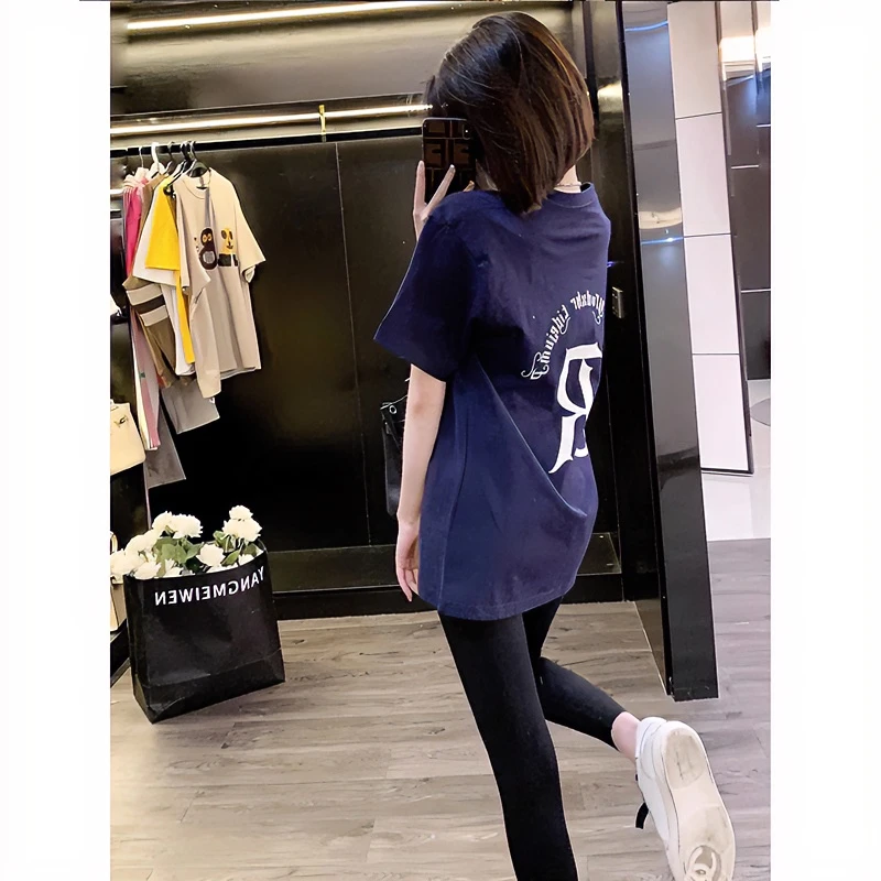中长款蓝色短袖女t恤夏日多巴胺设计感欧货大版洋气中长款遮屁股