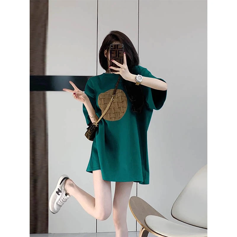 墨绿色短袖女t恤夏季纯棉宽松欧货百搭洋气中长款遮屁股潮牌体恤