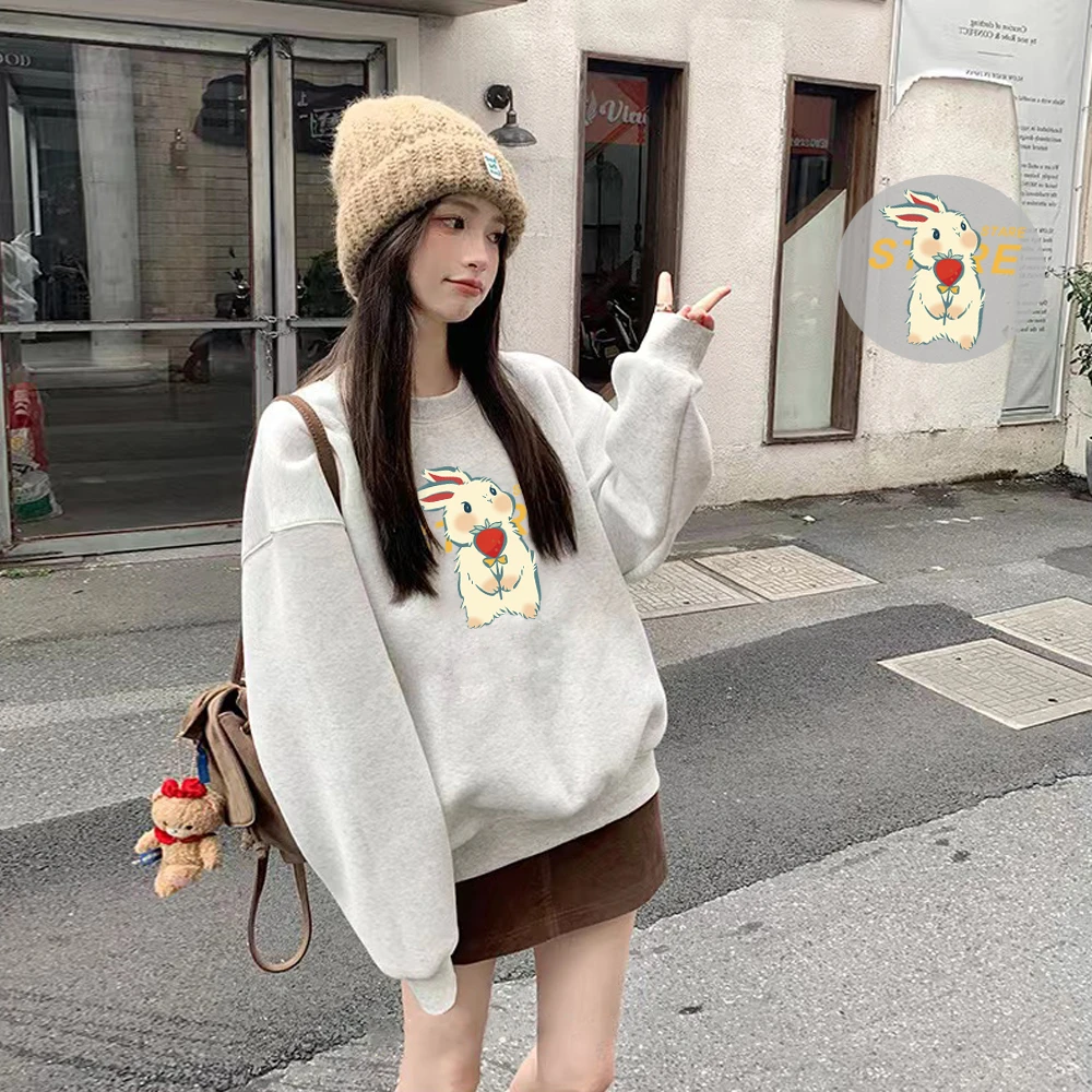 加绒花灰色圆领无帽oversize加厚卫衣女春秋冬新款小个子上衣外套