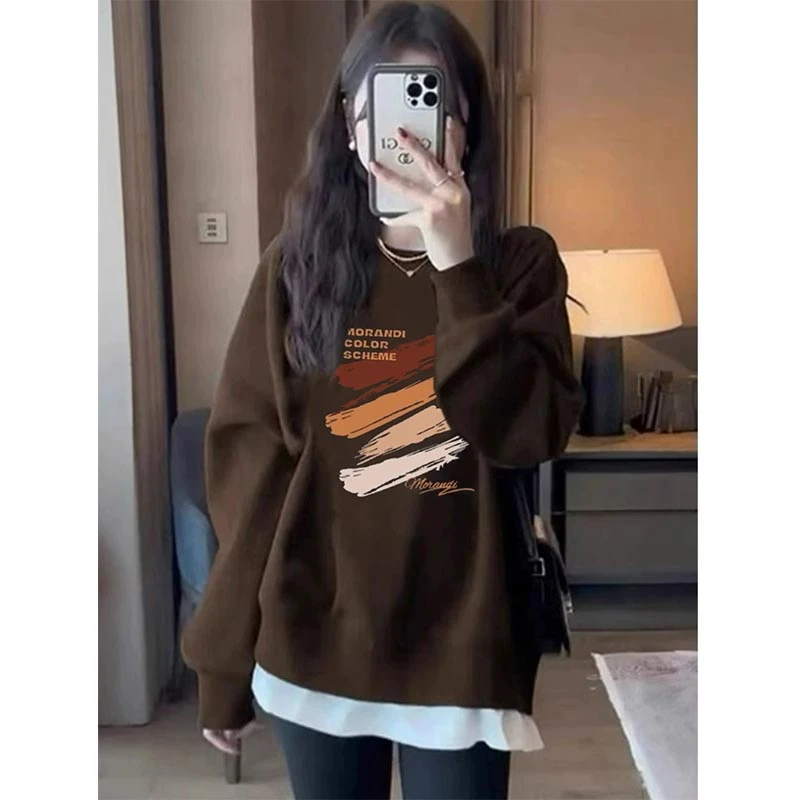 2024秋冬新款小众遮屁股时尚洋气宽松圆领套头卫衣女加绒加厚外套