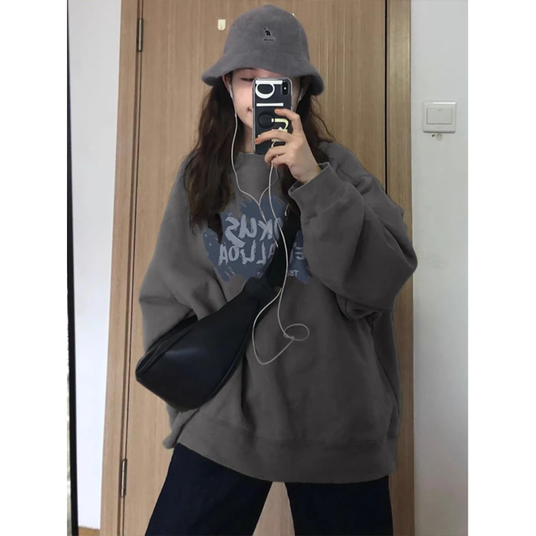 高级感超新款印花圆领套头卫衣女秋冬小个子宽松外穿加厚上衣加绒