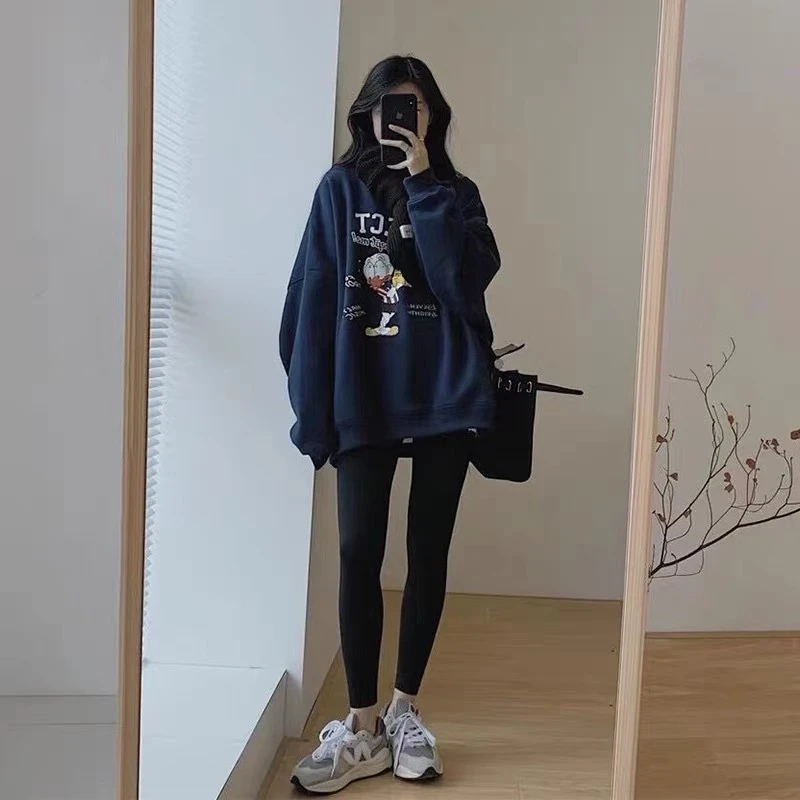 潮牌圆领卫衣女款秋冬季2024年新款宽松大码外套加绒长袖上衣外套