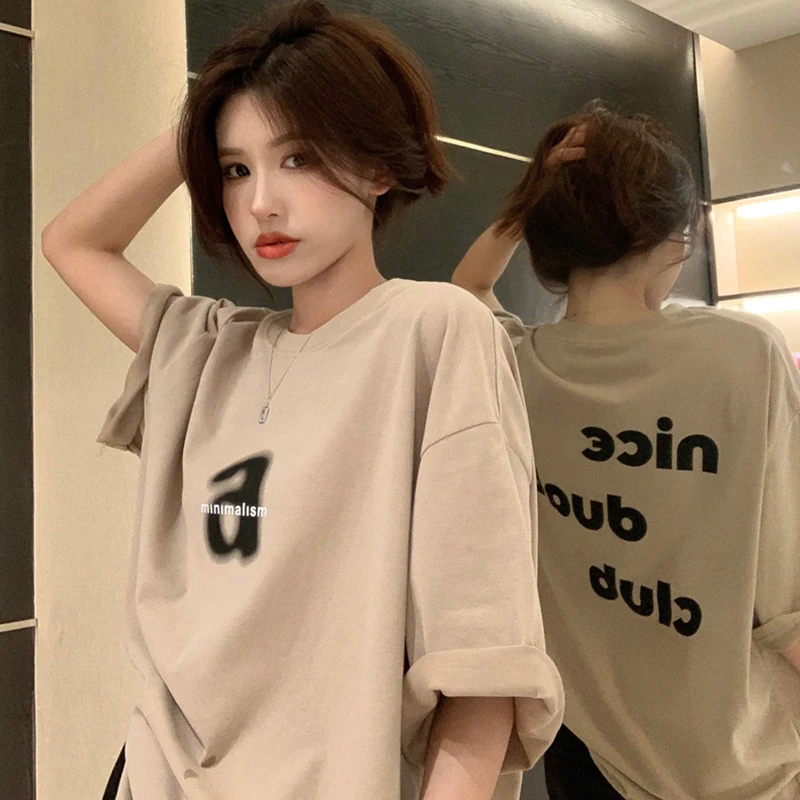 纯棉oversize短袖t恤女装韩版宽松夏季新款中长款大码慵懒风上衣