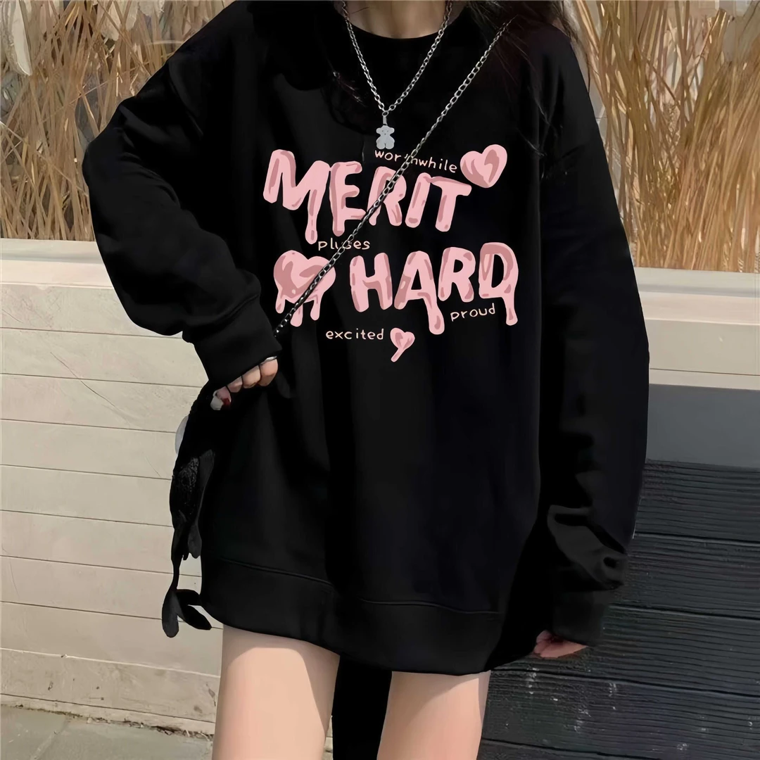 欧货大版黑色圆领卫衣女加绒2024秋冬新款洋气宽松中长款打底上衣