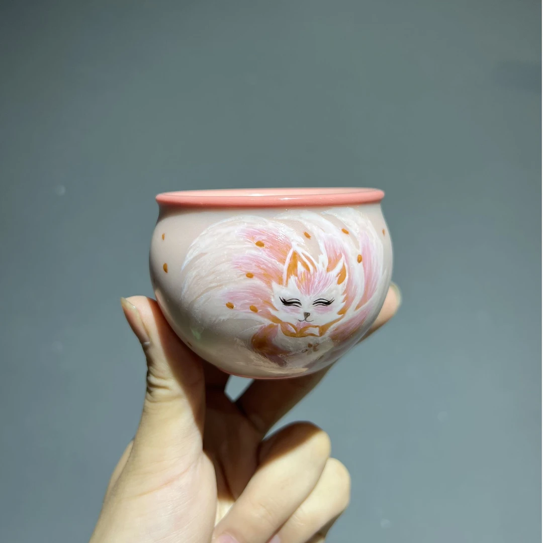 龙泉窑烟雨桃花手绘九尾狐缸杯手工茶杯