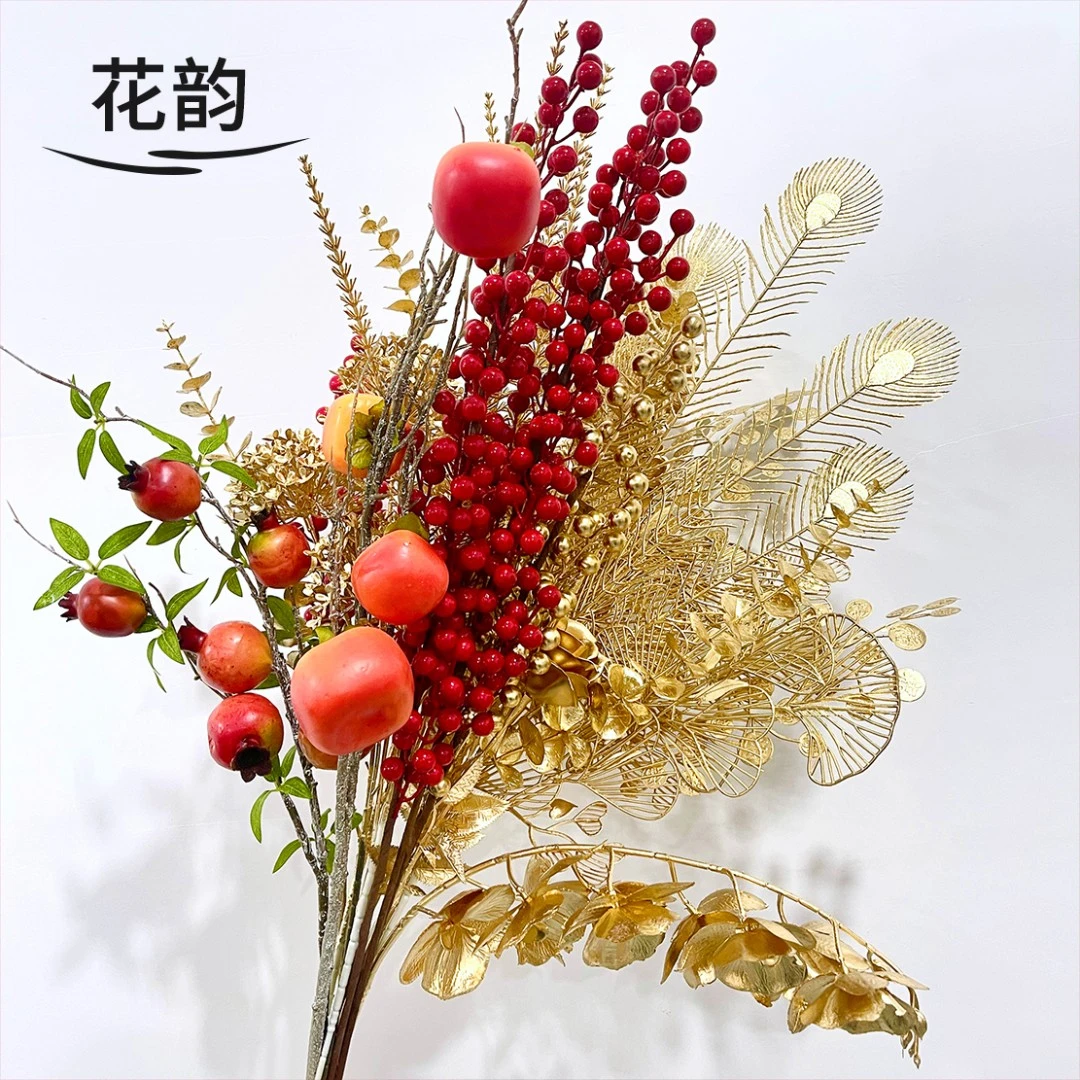花韵 新年金色仿真花小枝扇叶尤加利年宵花环插花配件材料福桶