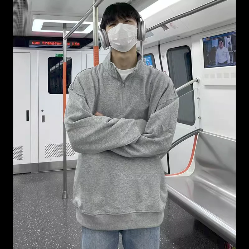 Labzaa个性百搭休闲简约半拉链卫衣男秋冬高能感宽松纯色外套上衣