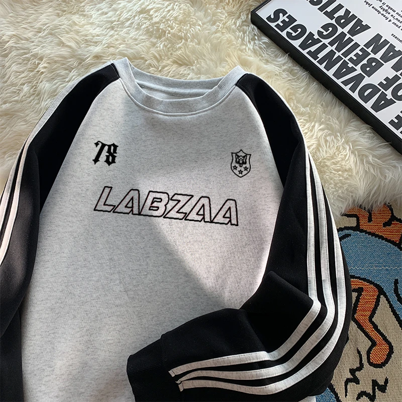 Labzaa美式复古风拼接圆领卫衣男秋冬套头宽松撞色设计感印花上衣