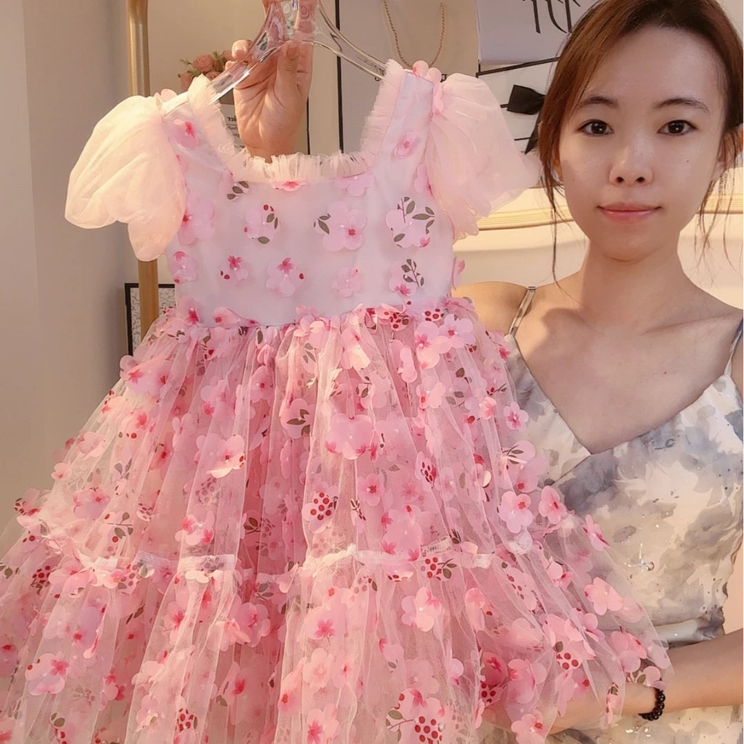 2024夏季女宝泡泡袖短袖碎花网纱公主裙女童气质连衣裙粉高级