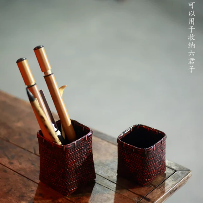 蓝胎漆笔筒 茶道六君子收纳筒 竹编老物茶道配件精工茶具收纳