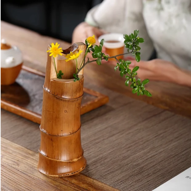中式手工竹制插花花器禅意水培竹筒竹根花瓶皿花盆茶室摆件