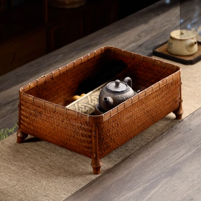 竹编四脚方形筐复古中式茶具收纳盒整理置物筐圆形水果篮点心篮