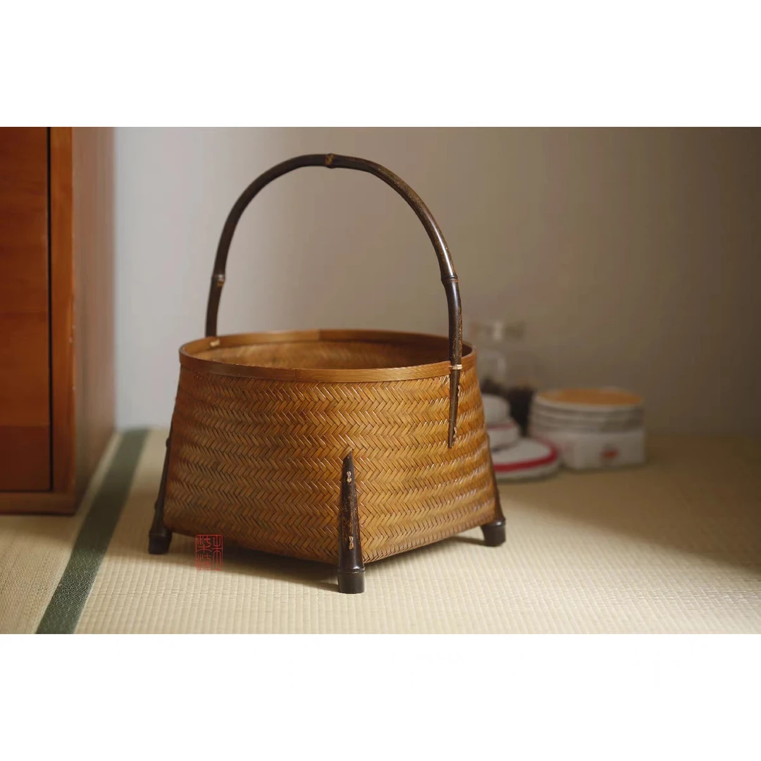 复古竹编提篮 手工编织茶器具收纳筐子 农村家用茶室水果菜篮篮子