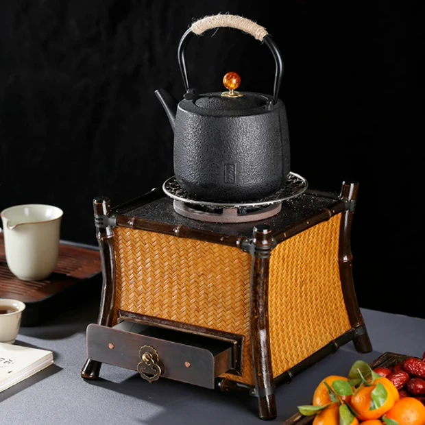 围炉煮茶器紫竹铸铁炭炉电陶炉家用室内烤火炉套装两用烧烤炉