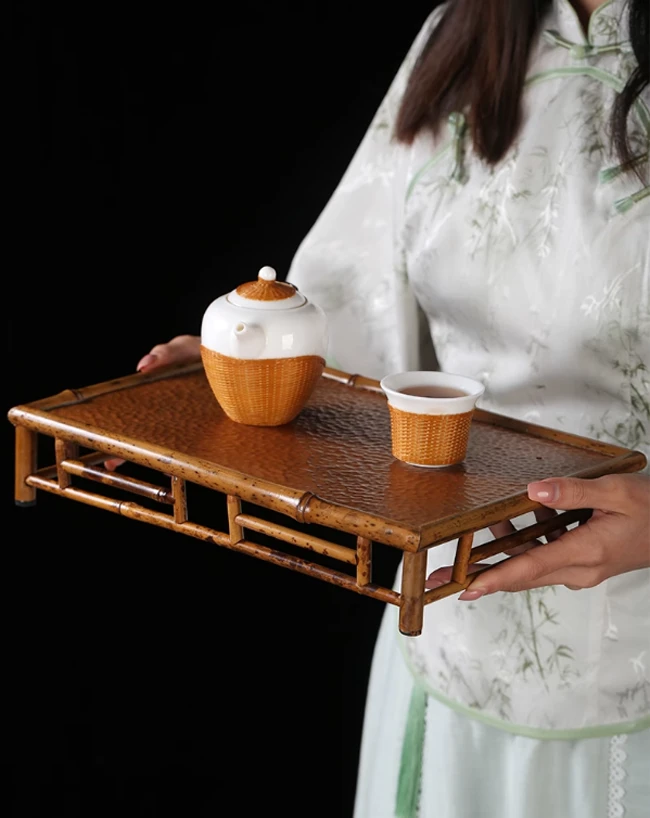 复古手工锤纹铜茶台茶盘托盘家用干泡盘竹制壶承茶具小茶盘
