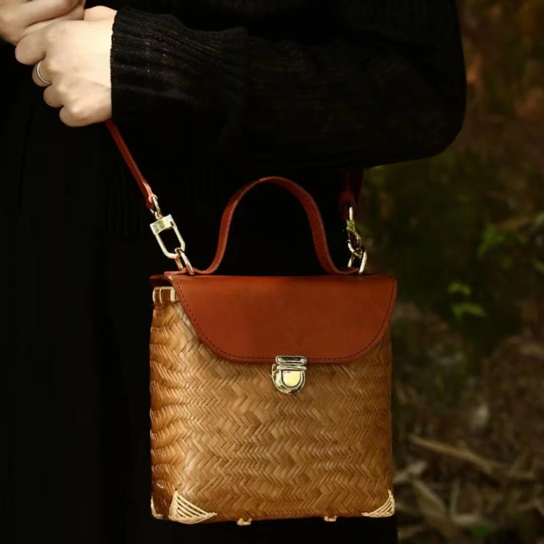 令竹 竹制提篮 皮盖 竹编包 斜挎包 收纳包 烟波竹包