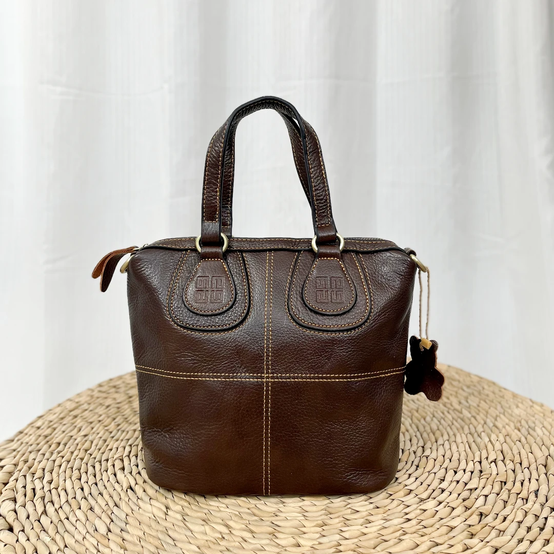 真皮女包牛皮手拎包单肩包 女棕色欧美简约经典肩包 斜挎包 10035