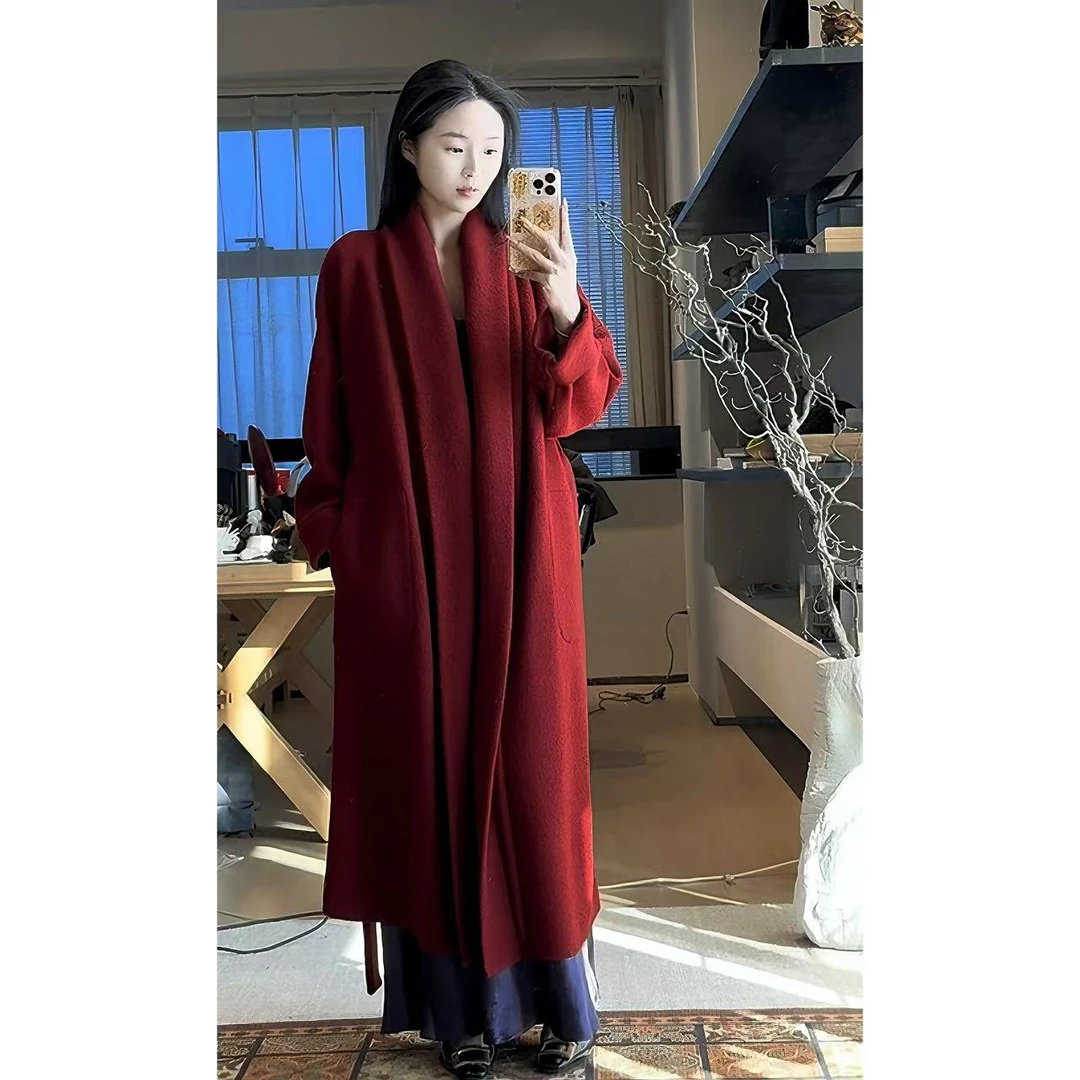 【张七七】冬季新款女绵羊毛长款大衣青果领翻领腰带款气质长款外套