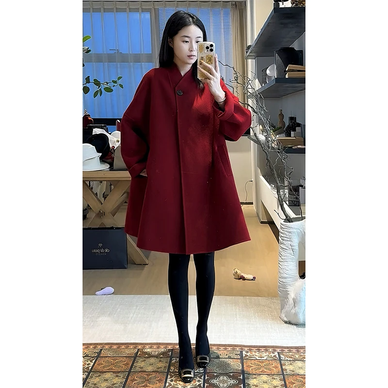 【张七七】双面呢羊毛大衣女秋冬款手缝宽松版斗篷款保暖毛呢外套