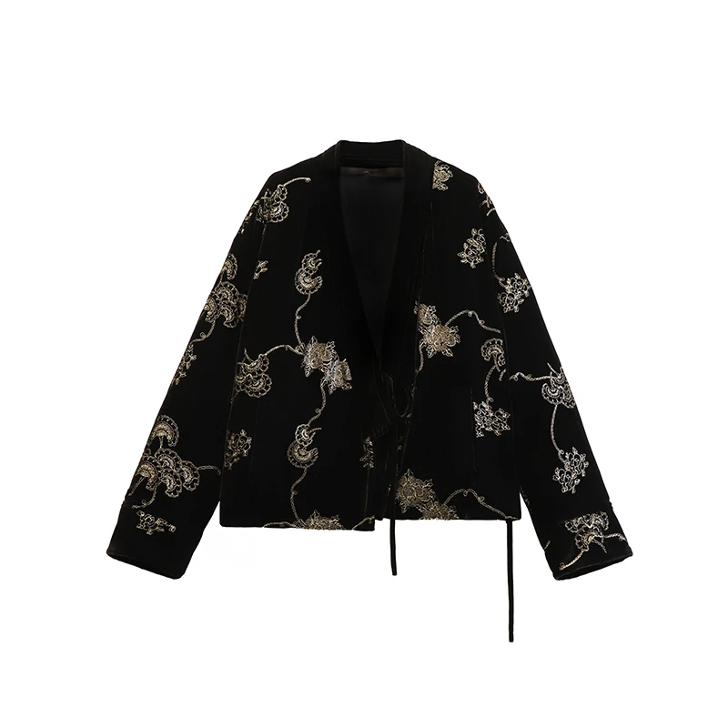 【张七七】金丝刺绣丝绒可脱卸内胆系带外套女秋冬款保暖气质上衣