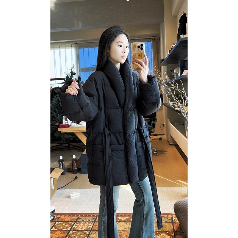 【张七七】90白鸭绒纯色绑带款宽松羽绒服冬季时尚保暖简约外套