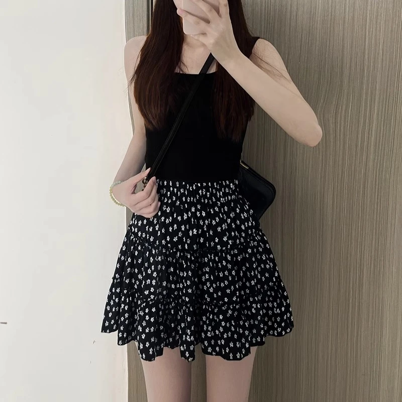 黑色碎花半身裙女夏季新款高腰内里显瘦蛋糕裙半裙小个子a字短裙