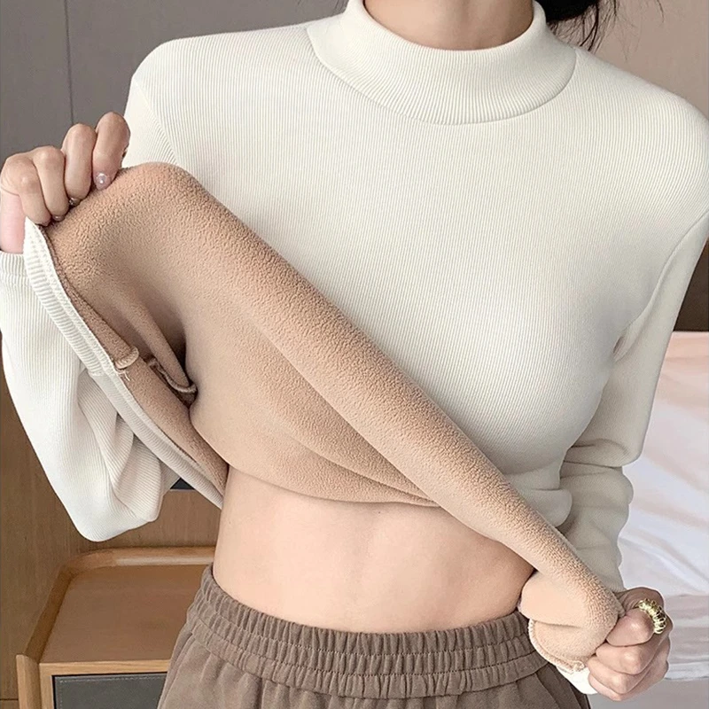 加绒加厚打底衫女冬季大码半高领修身螺纹小立领T恤内搭保暖上衣