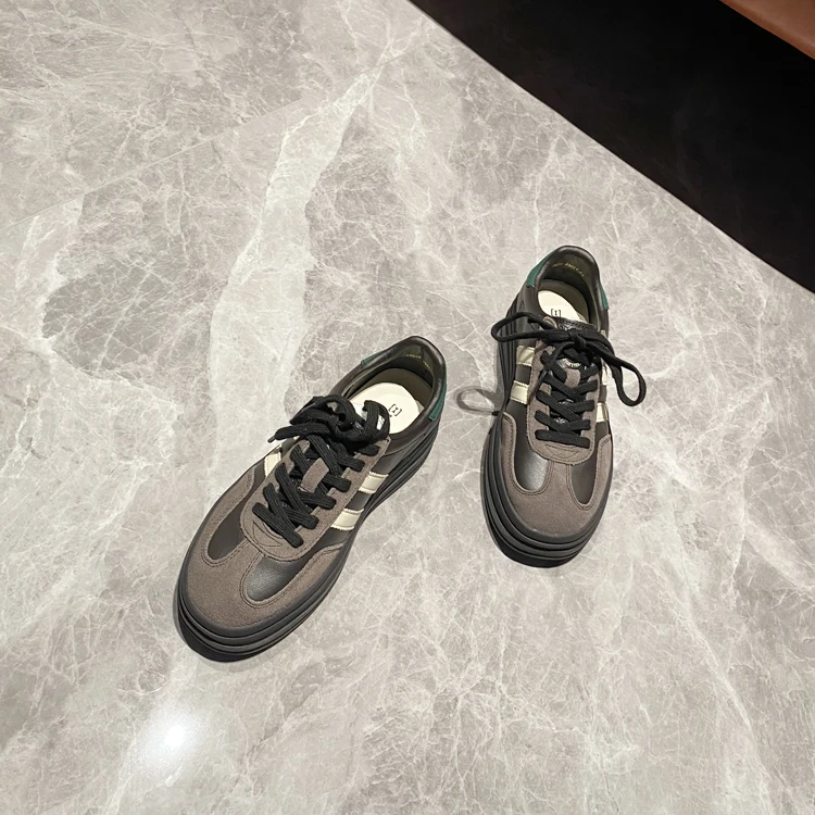 暗黑风~ins真皮厚底德训鞋女2024秋新款休闲板鞋学生女鞋运动鞋女